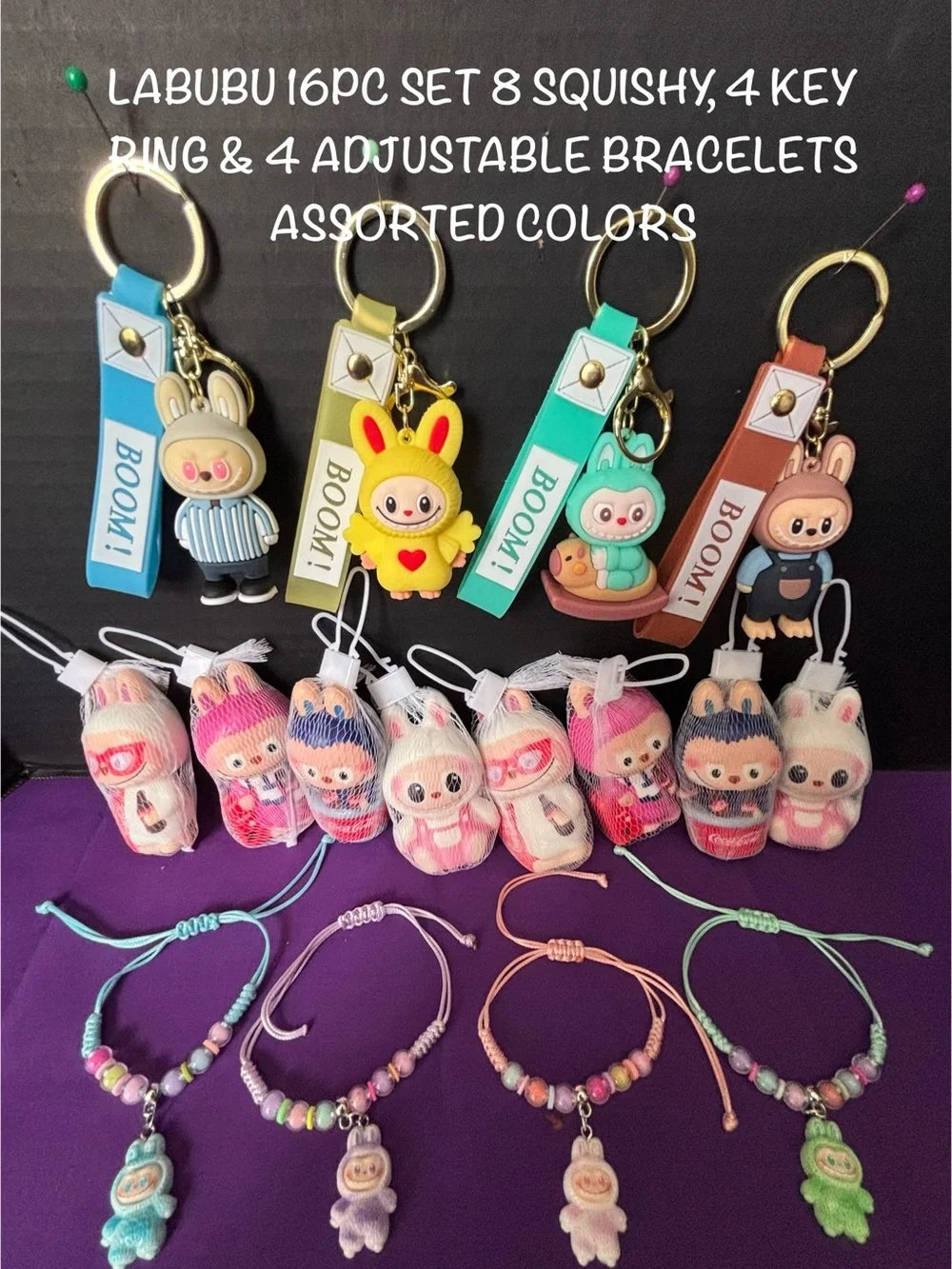 LABUBU BUNDLE 16PC SET  4 KEY RINGS, 8 SQUISHIES, & 5 ADJUSTABLE BRACELETS